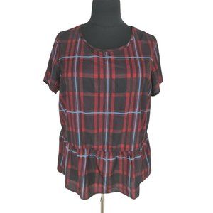 SimplyBe Burgundy Plaid Ruffle Tunic Blouse Women Plus Size 22 Crew Neck   141P